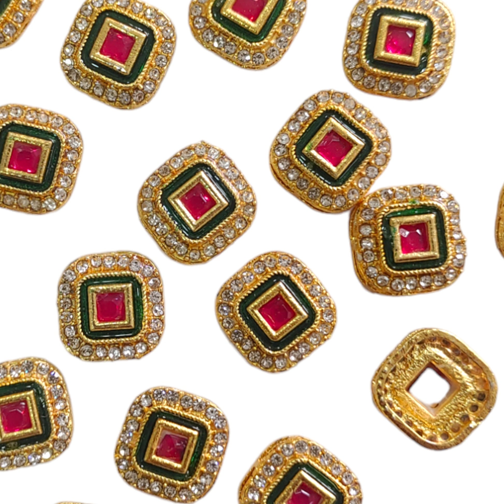 Enamel-Coated Square Rhinestone Polki Metal Motif for Craft and Decor - 25Pcs