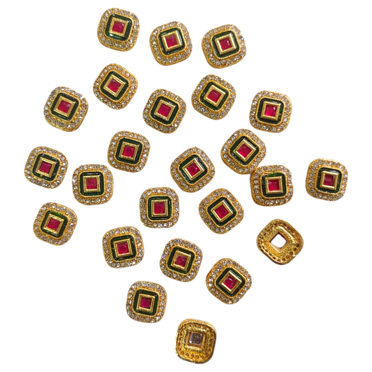 Enamel-Coated Square Rhinestone Polki Metal Motif for Craft and Decor - 25Pcs