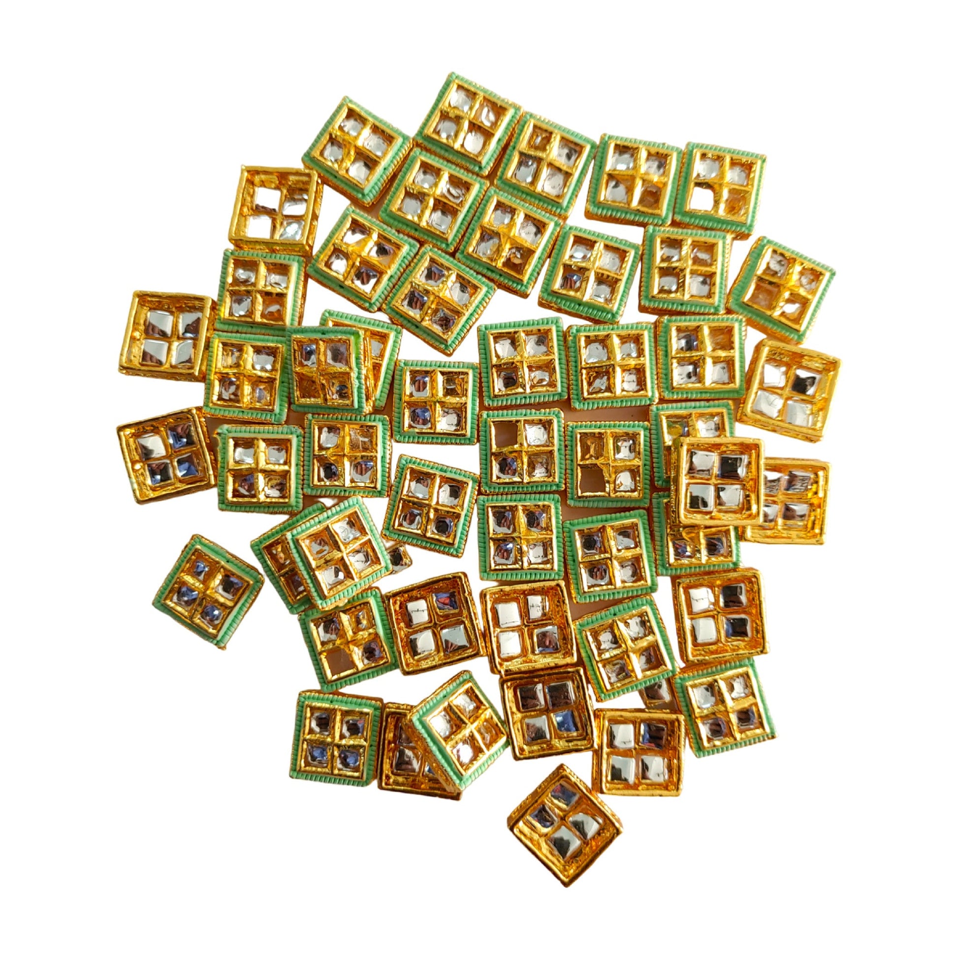 Indian Petals - 50 Pcs Square Shape Metal Polki Square Casting Motif for Rakhi, Jewelry making, Craft or Decor. 50 Pcs Square Shape Metal Polki Square Casting Motif for Rakhi, Jewelry making, Craft or Decor. - Green / 50 Pieces