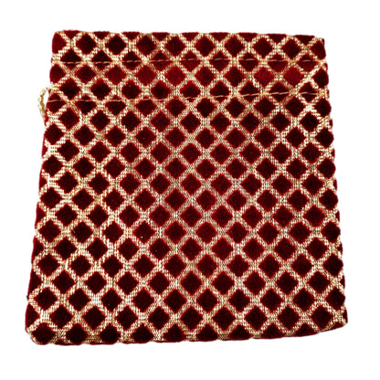 Indian Petals maroon-color-fabric-checkered-golden-gift-bag