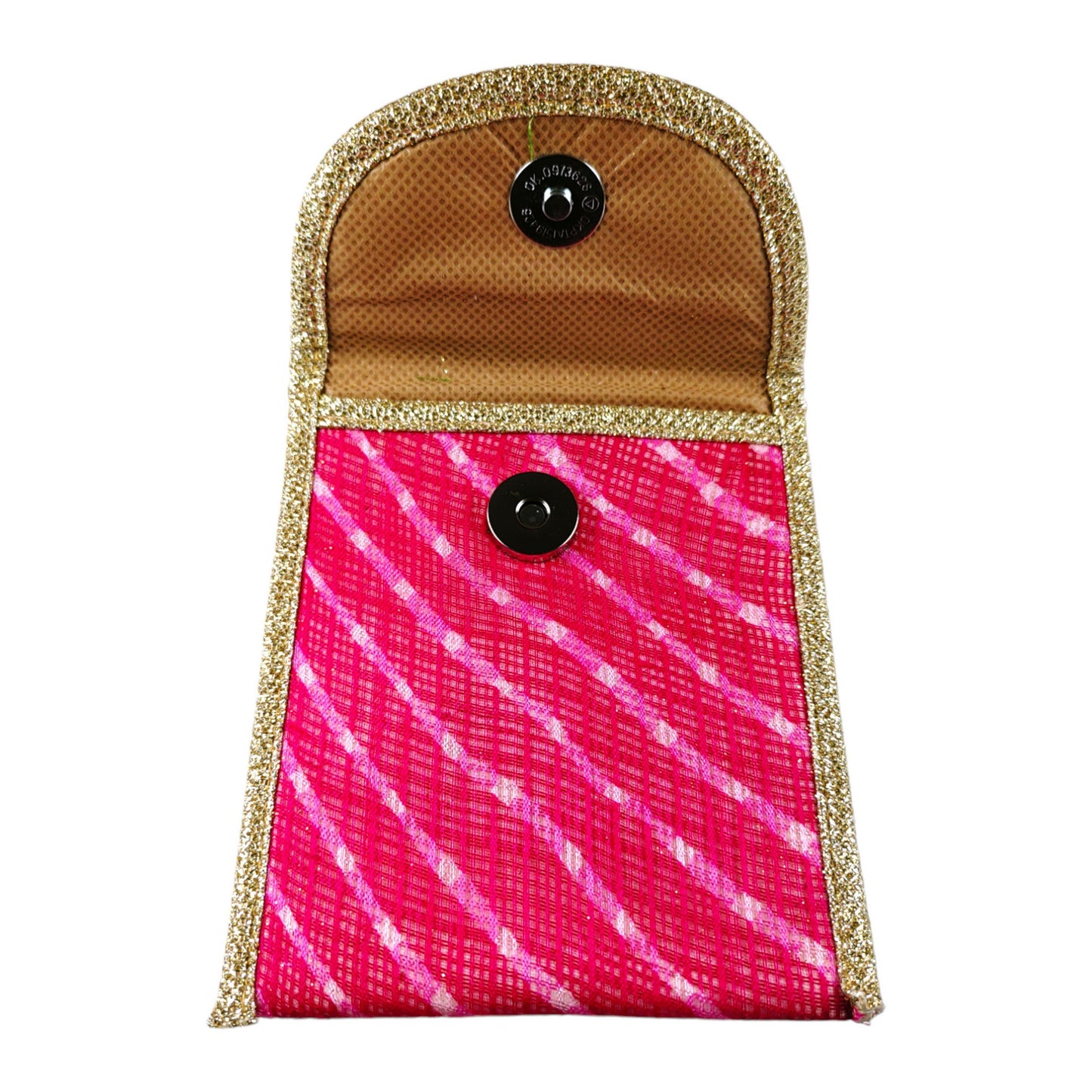 Indian Petals Decorative Glittery Lehriya Pocket with Zari Border Gift Bag / Pouch, Opened, Pink