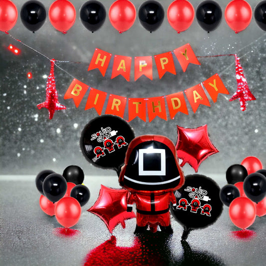 Squid Game Theme Happy Birthday Banner And Red-Black Balloon Set For Full Birthday Party Decoration