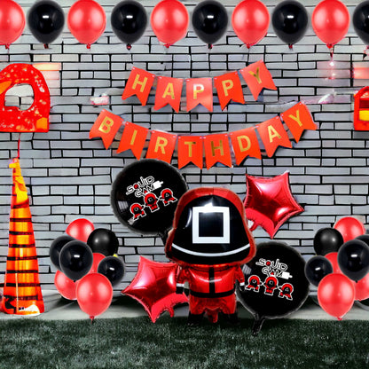 Squid Game Theme Happy Birthday Banner And Red-Black Balloon Set For Full Birthday Party Decoration