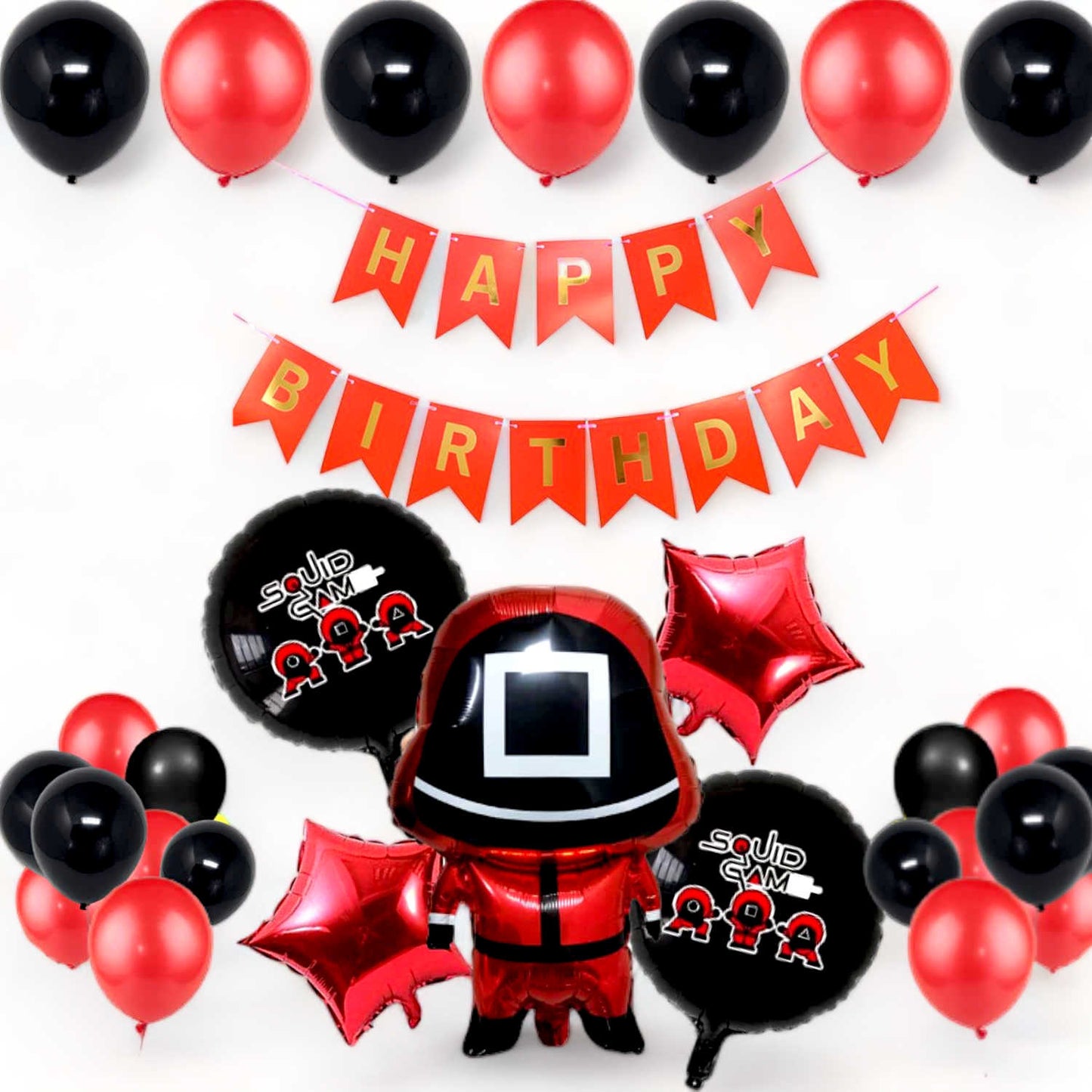 Squid Game Theme Happy Birthday Banner And Red-Black Balloon Set For Full Birthday Party DecorationSquid Game Theme Happy Birthday Banner And Red-Black Balloon Set For Full Birthday Party Decoration