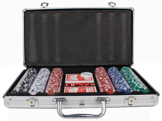 300 Ceramic Chips and Playing Cards Set with 5 Dice 1 Dealer Coin and 2 Decks of Playing Cards in an Aluminum Case
