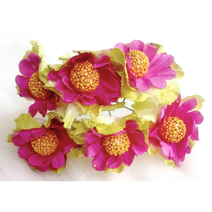 Indian Petals Beautiful Paper Flowers with Leaf for DIY Craft, Trouseau Packing or Decoration (Bunch of 12) - Design 33, Deep Pink - Indian Petals
