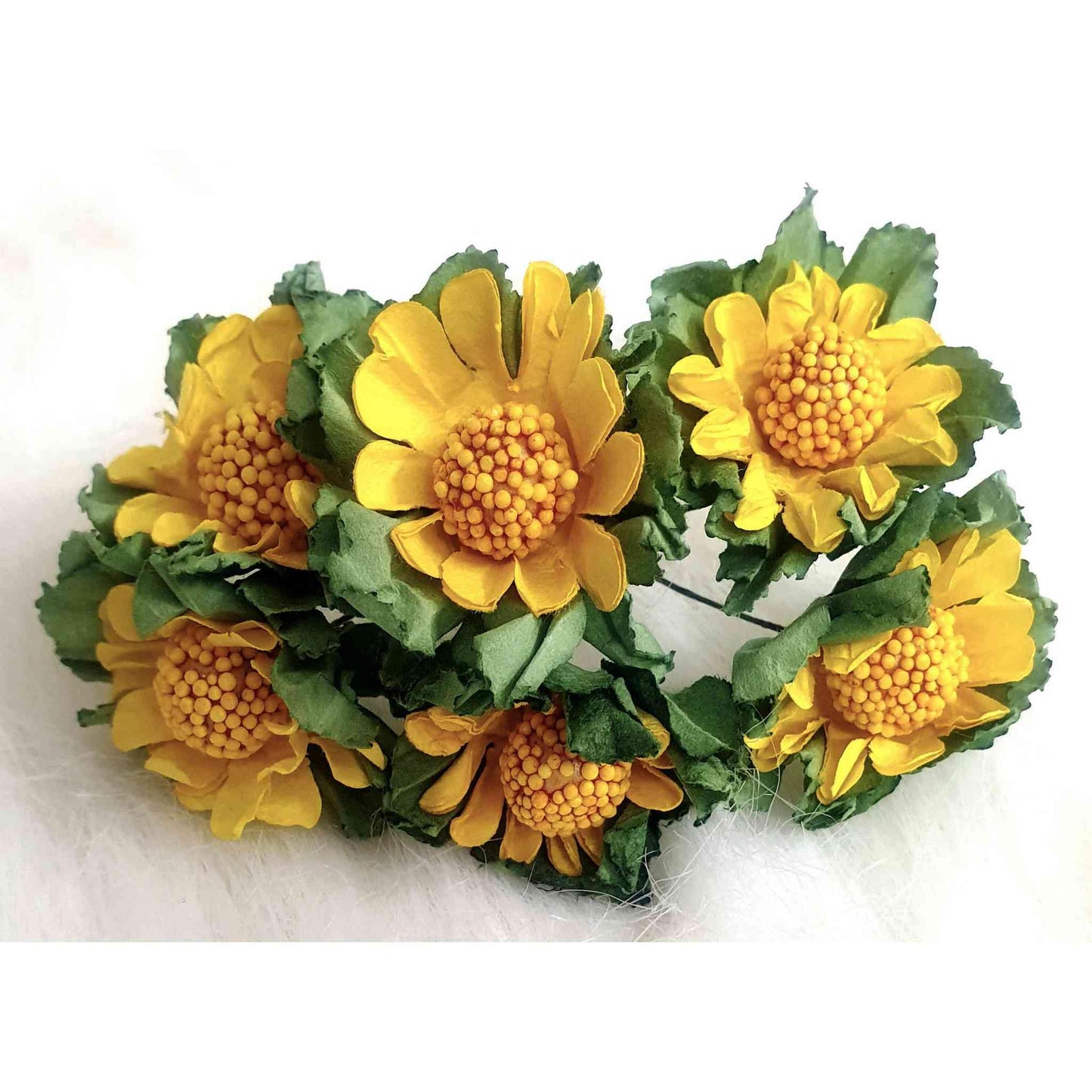 Indian Petals Beautiful Paper Flowers with Leaf for DIY Craft, Trouseau Packing or Decoration (Bunch of 12) - Design 33, Yellow - Indian Petals