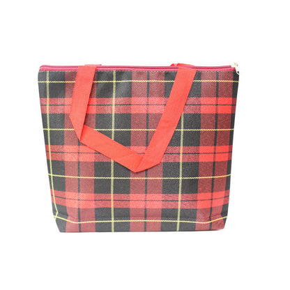 Indian Petals Imported Canvas Printed multi purpose Bag with handles for girls and ladies, Theme Traditional Scottish Checks, Large, Red
