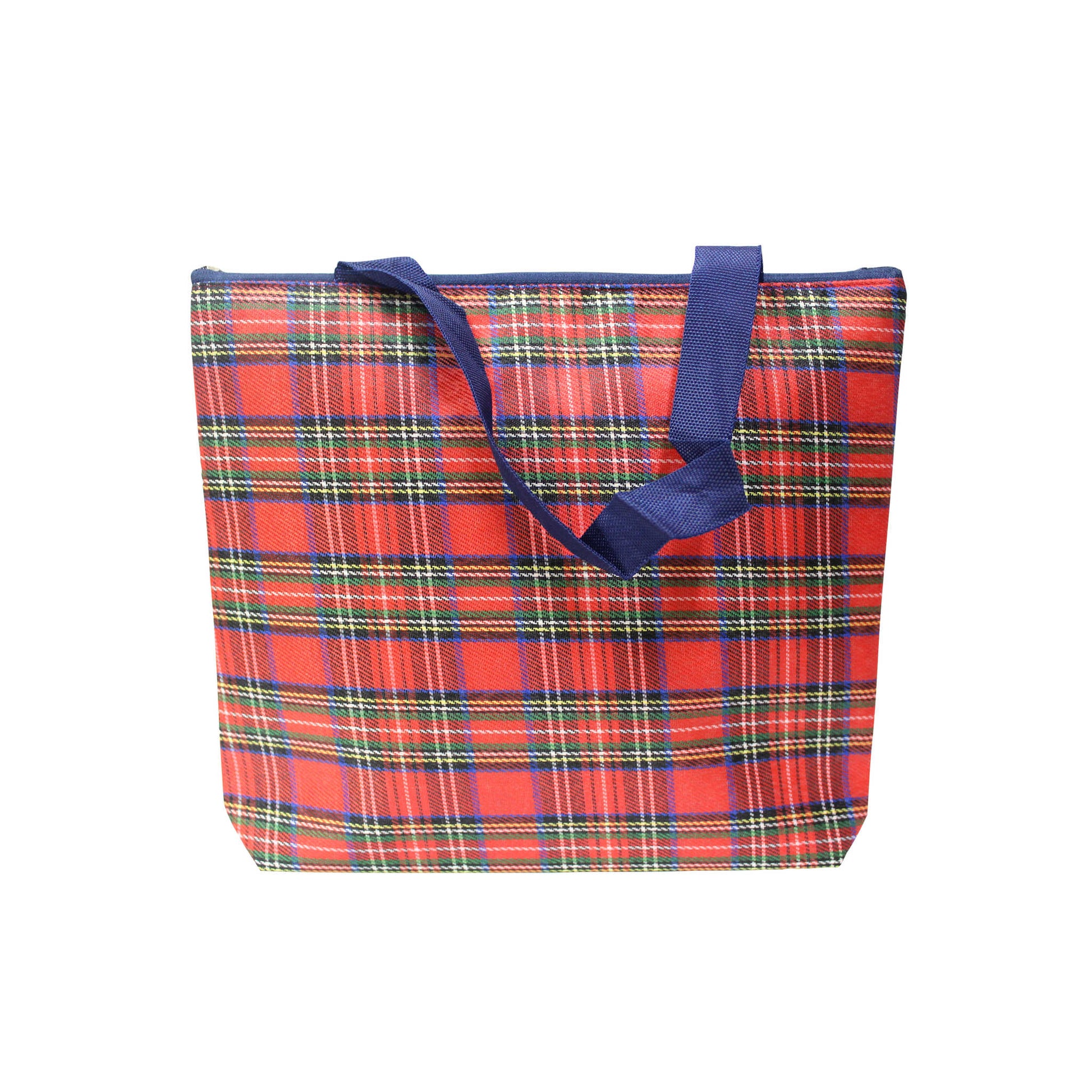 Indian Petals Imported Durable Canvas Printed multi purpose Bag with handles for girls and ladies, Theme Scottish Checks, Large, Navy Blue