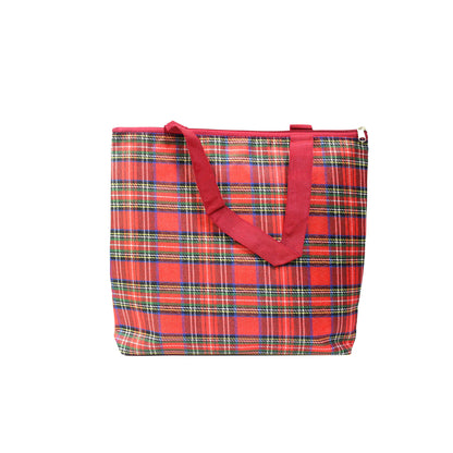 Indian Petals Imported Durable Canvas Printed multi purpose Bag with handles for girls and ladies, Theme Scottish Checks, Large, Red