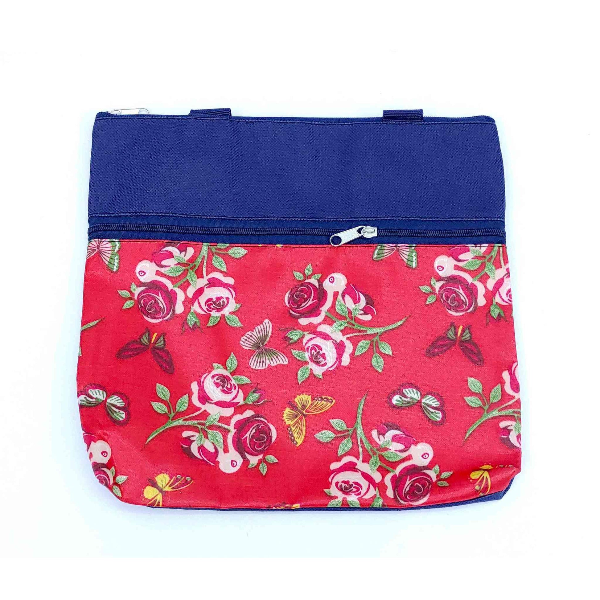 Imported Durable Canvas Printed multi purpose utility Medium size Bag with handles for all occasions for the girls and ladies, Design 3, Navy Blue - Indian Petals