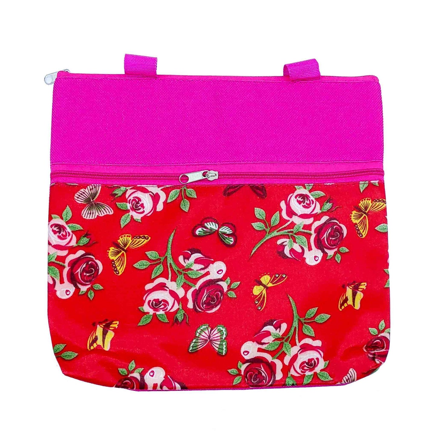 Imported Durable Canvas Printed multi purpose utility Medium size Bag with handles for all occasions for the girls and ladies, Design 3, Pink - Indian Petals