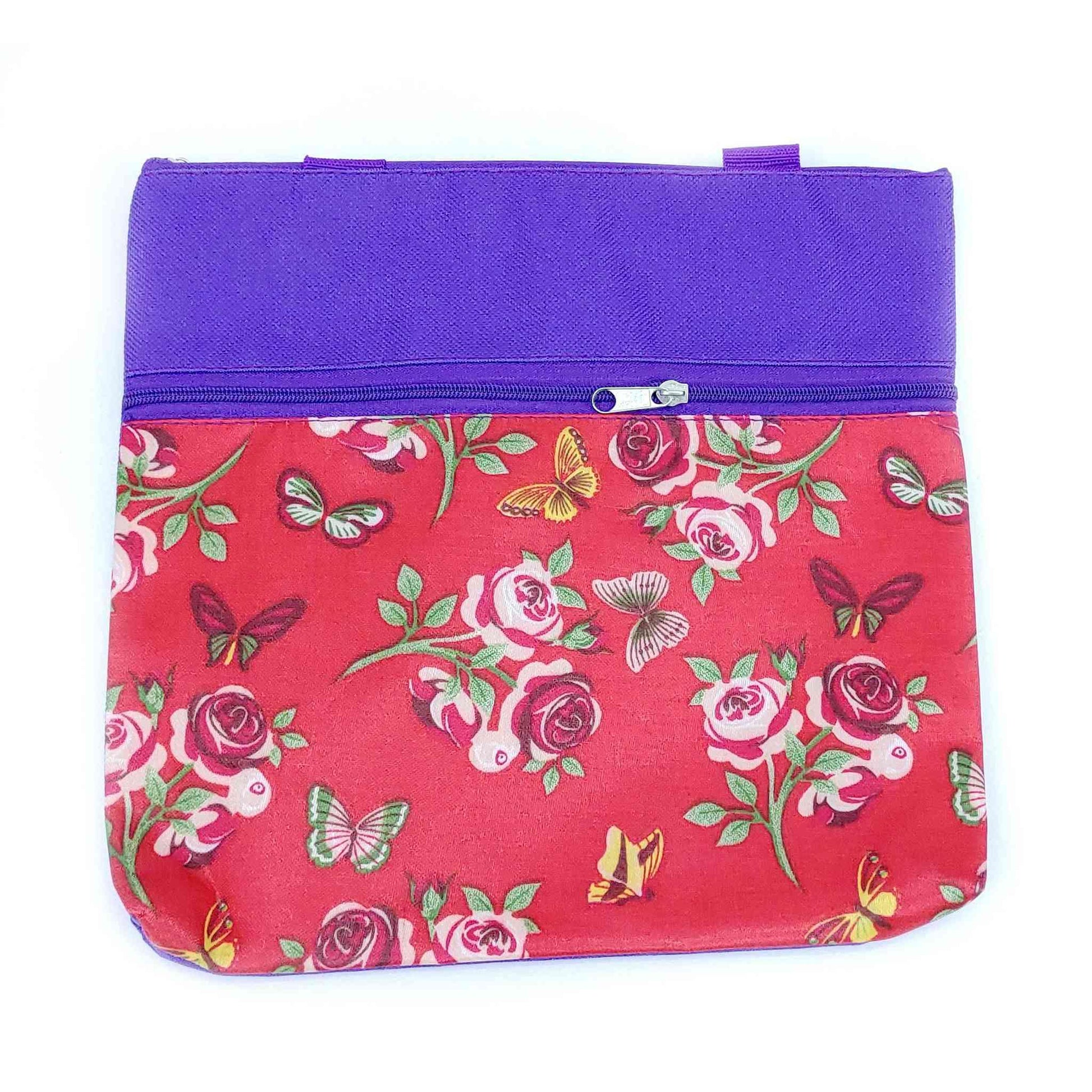 Imported Durable Canvas Printed multi purpose utility Medium size Bag with handles for all occasions for the girls and ladies, Design 3, Purple - Indian Petals