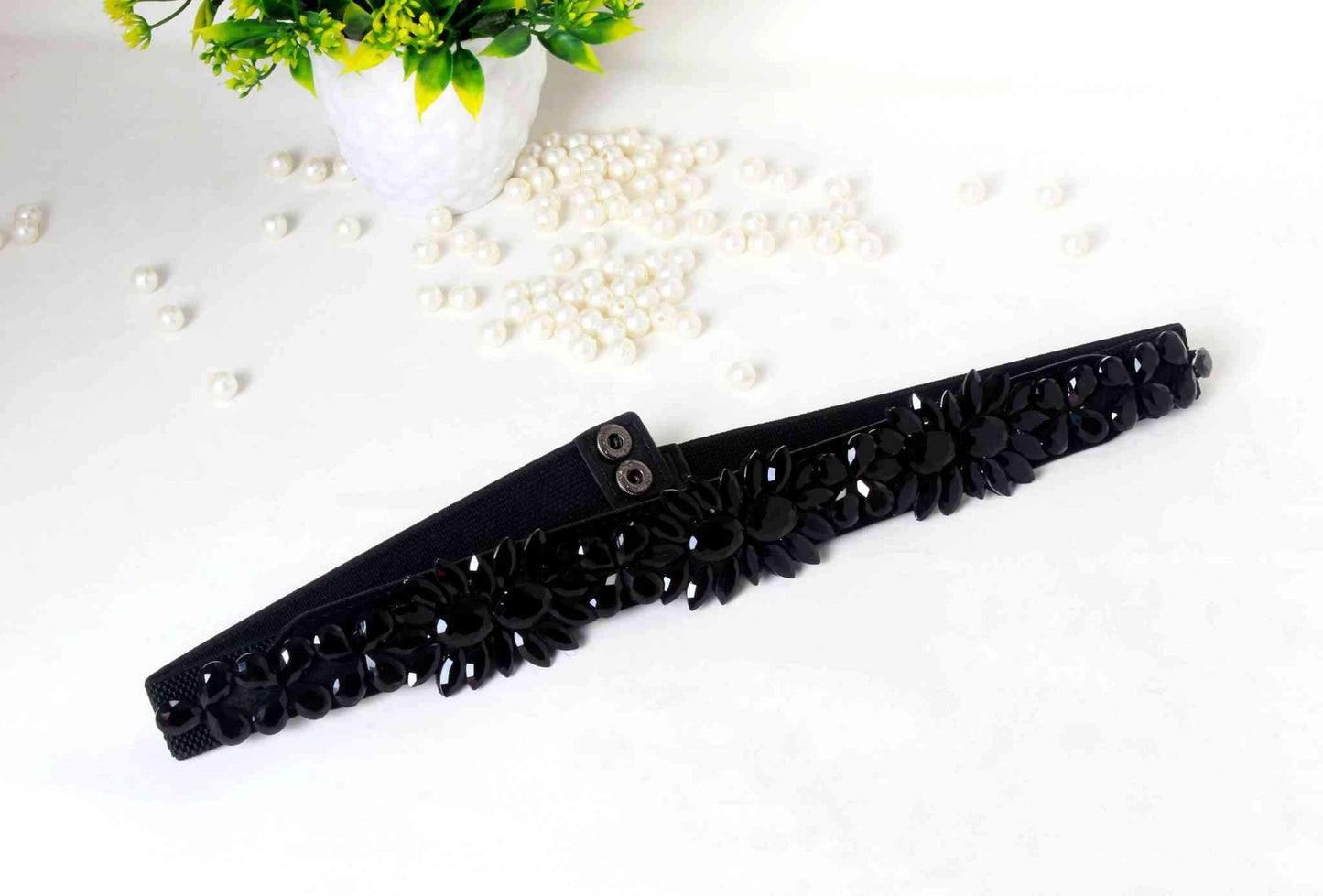 Indian Petals Stylish Fancy Big Rhinestones studded Fabric Party Belt for Girls, Women, Black