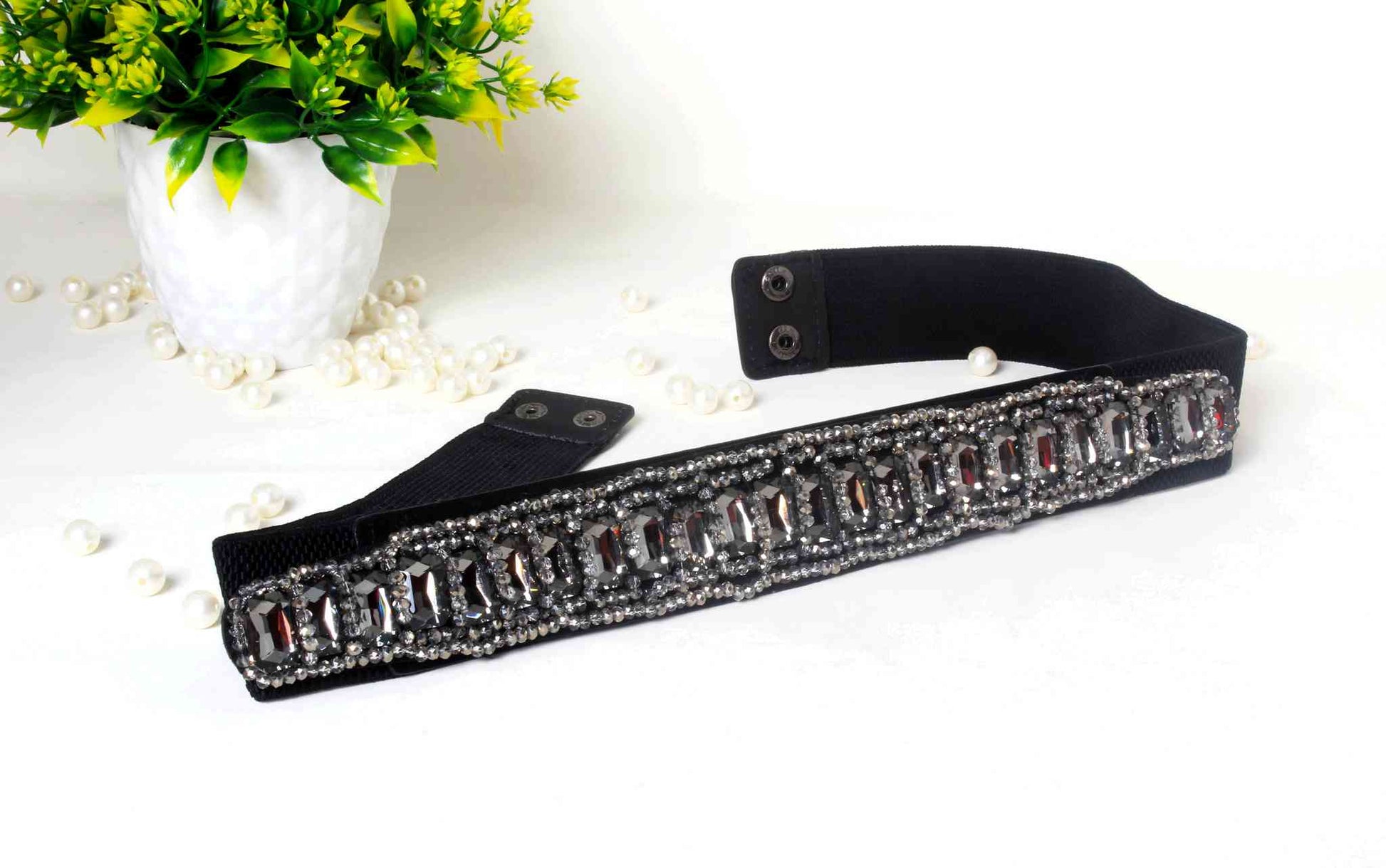 Indian Petals Stylish Fancy Rhinestones with Sequin Beads Party Belt for Girls, Women, Black