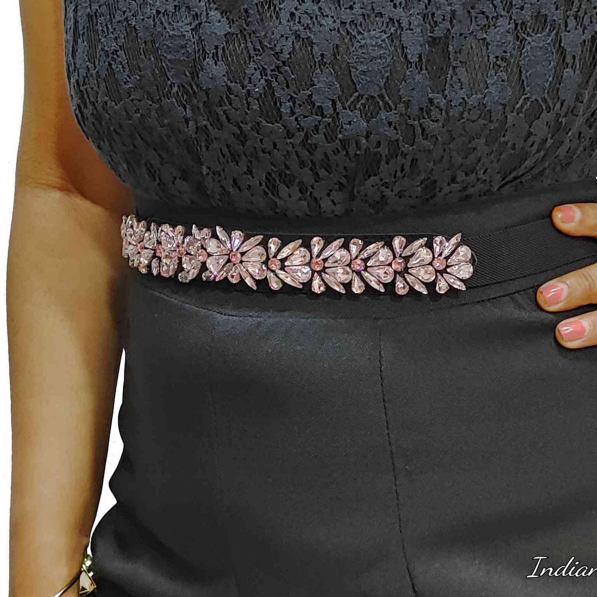 Indian Petals Stylish Fancy Rhinestones Beaded Fabric Party Belt for Girls, Women, Light Pink
