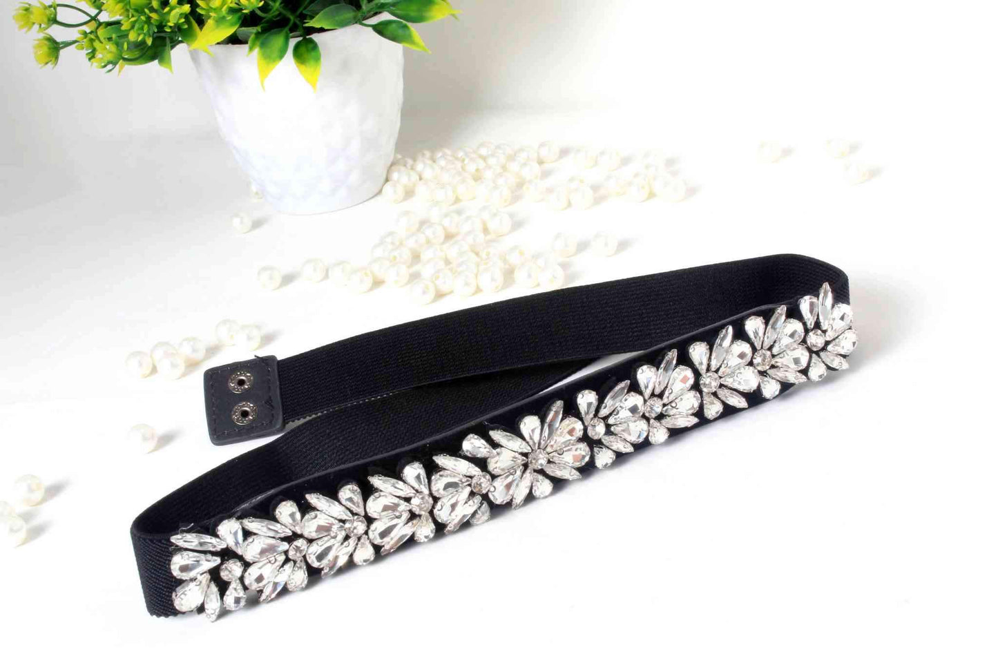 Indian Petals Stylish Fancy Rhinestones Beaded Fabric Party Belt for Girls, Women, Crystal White