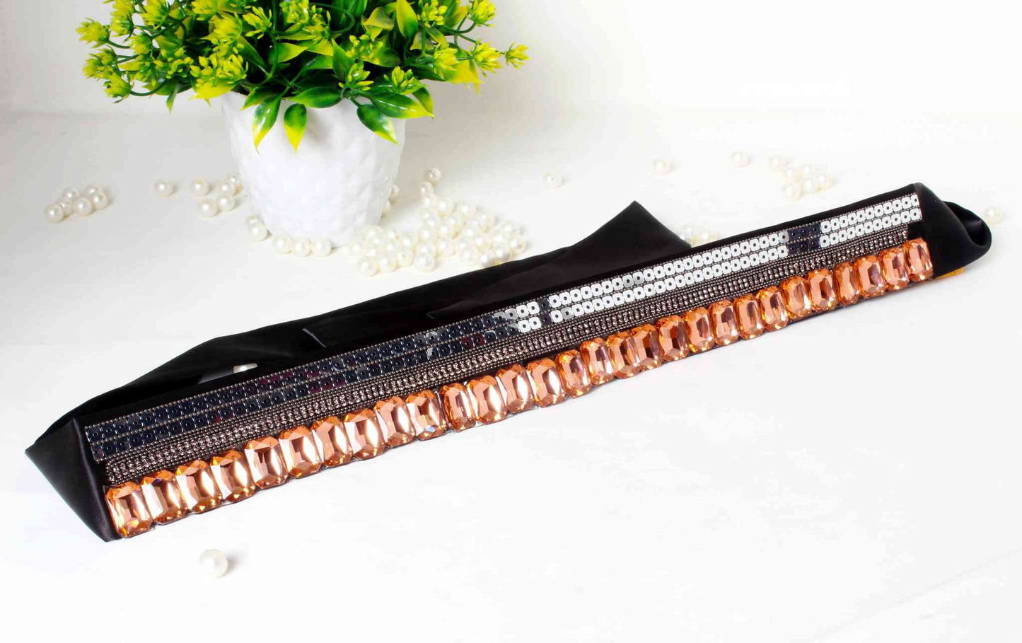 Indian Petals Stylish Fancy Rhinestones with Sequin studded Fabric Party Belt for Girls, Women