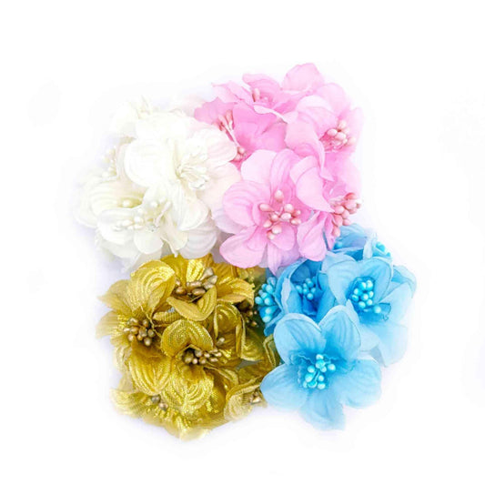 Beautiful Fabric Flowers with Buds for DIY Craft, Trouseau Packing or Decoration (Bunch of 12) - Design 24 - Indian Petals