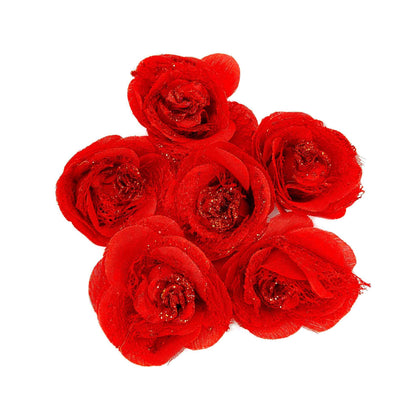 Beautiful Big Fabric Flowers with Net for DIY Craft, Trouseau Packing or Decoration (Bunch of 12) - Design 37, Red - Indian Petals