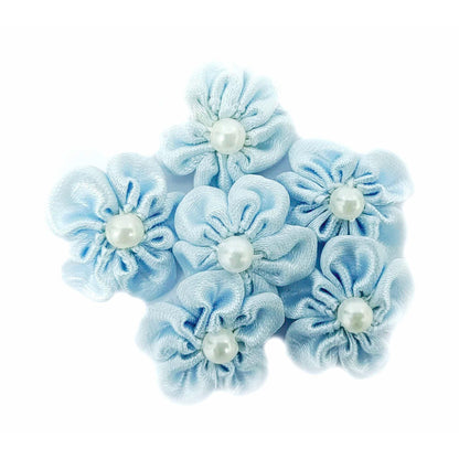 Beautiful Fabric Small Flowers with Pearl for DIY Craft, Trouseau Packing or Decoration (Bunch of 12) - Design 42, Pale Turquoise - Indian Petals