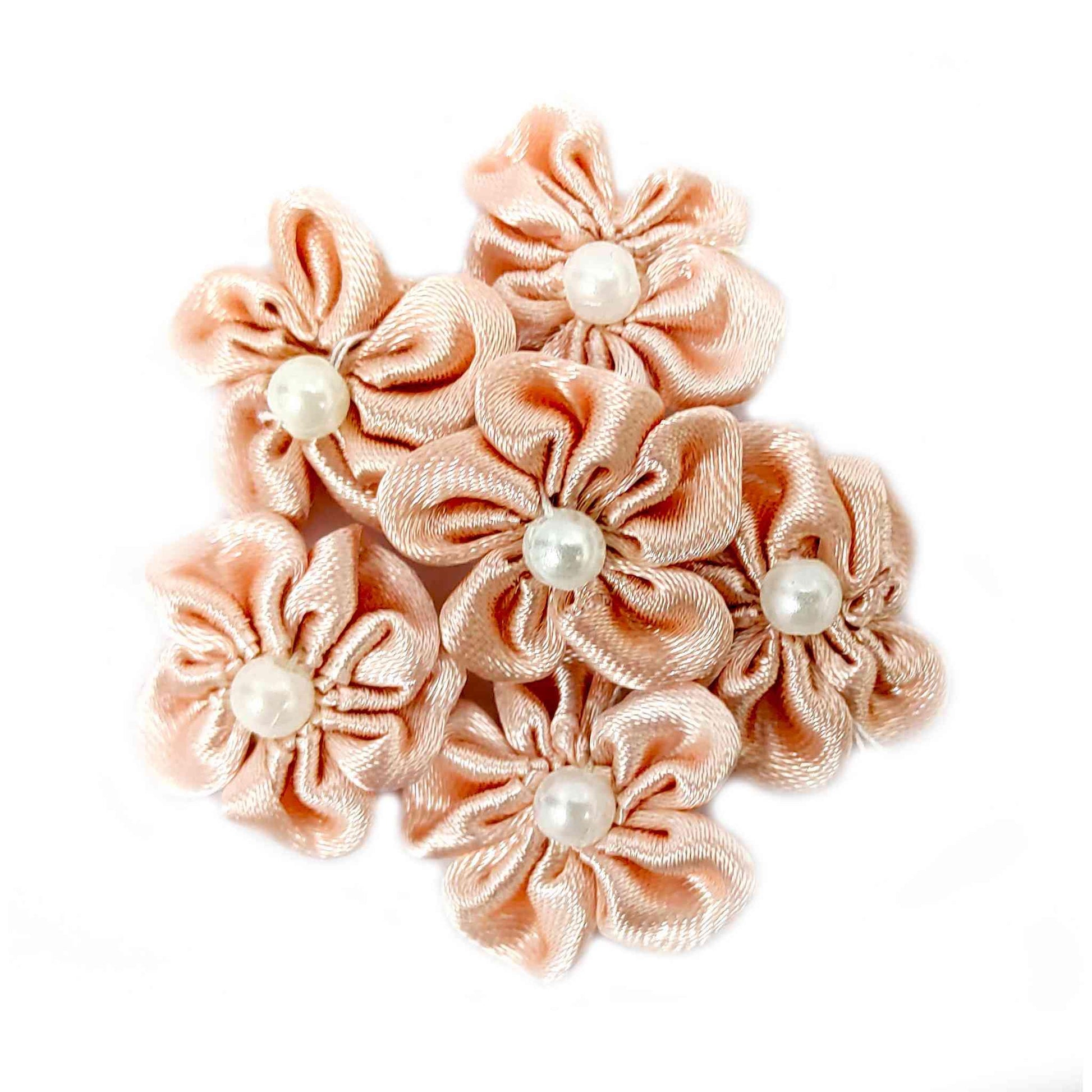 Beautiful Fabric Small Flowers with Pearl for DIY Craft, Trouseau Packing or Decoration (Bunch of 12) - Design 42, Blanched Almond - Indian Petals