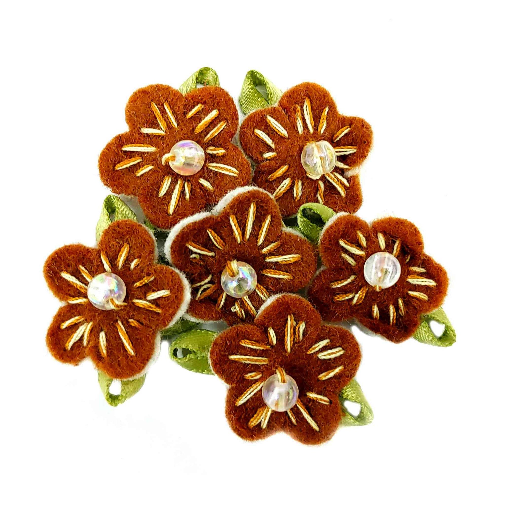 Beautiful Fabric Small Flowers for DIY Craft, Trouseau Packing or Decoration (Bunch of 12) - Design 44, Saddle Brown - Indian Petals