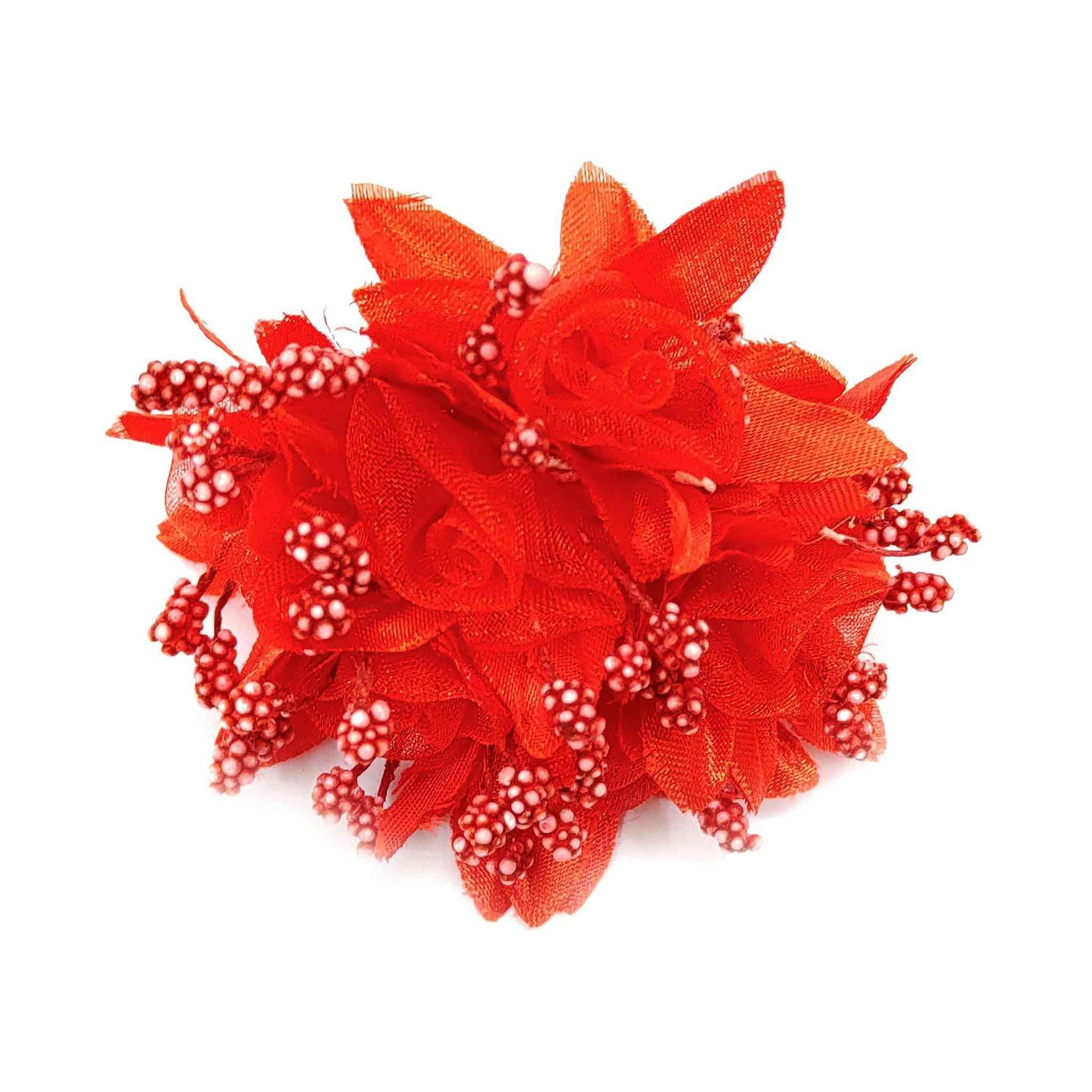 Indian Petals Beautiful Fabric Net Flowers with Buds for DIY Craft, Trouseau Packing or Decoration (Bunch of 12) - Design 47, Red - Indian Petals