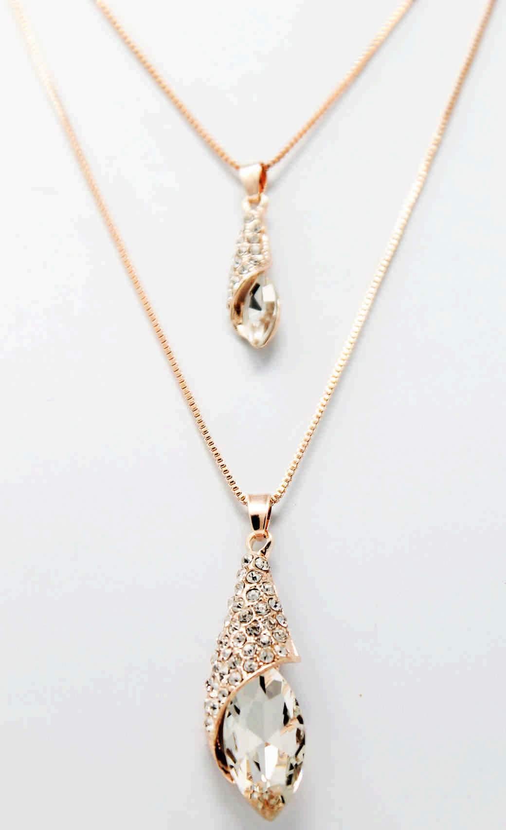 Drop Style Rhinestones Studded Design Imitation Fashion Metal Double Pendant with Long Chain, Gold