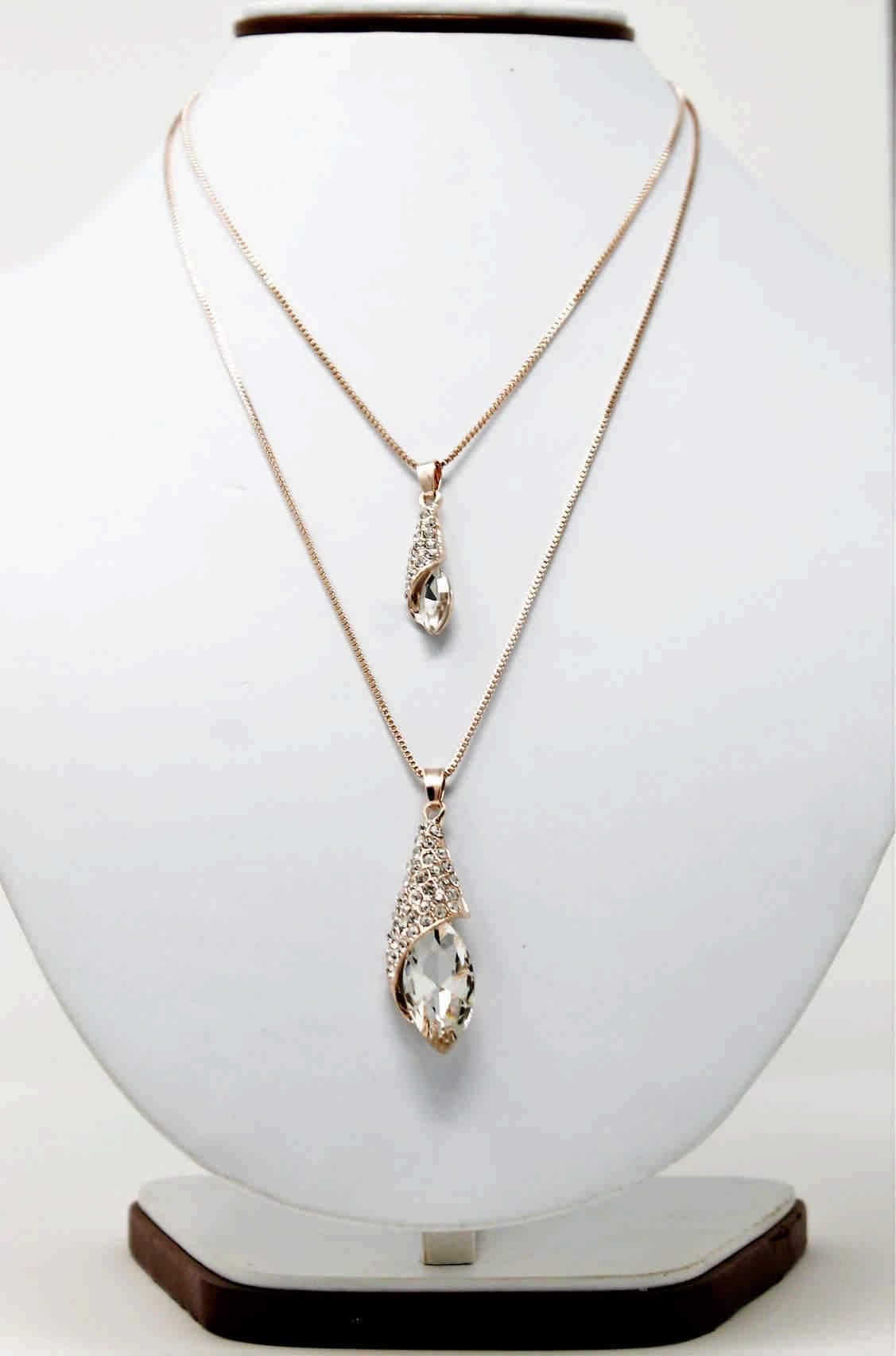 Drop Style Rhinestones Studded Design Imitation Fashion Metal Double Pendant with Long Chain, Gold (Neck View)
