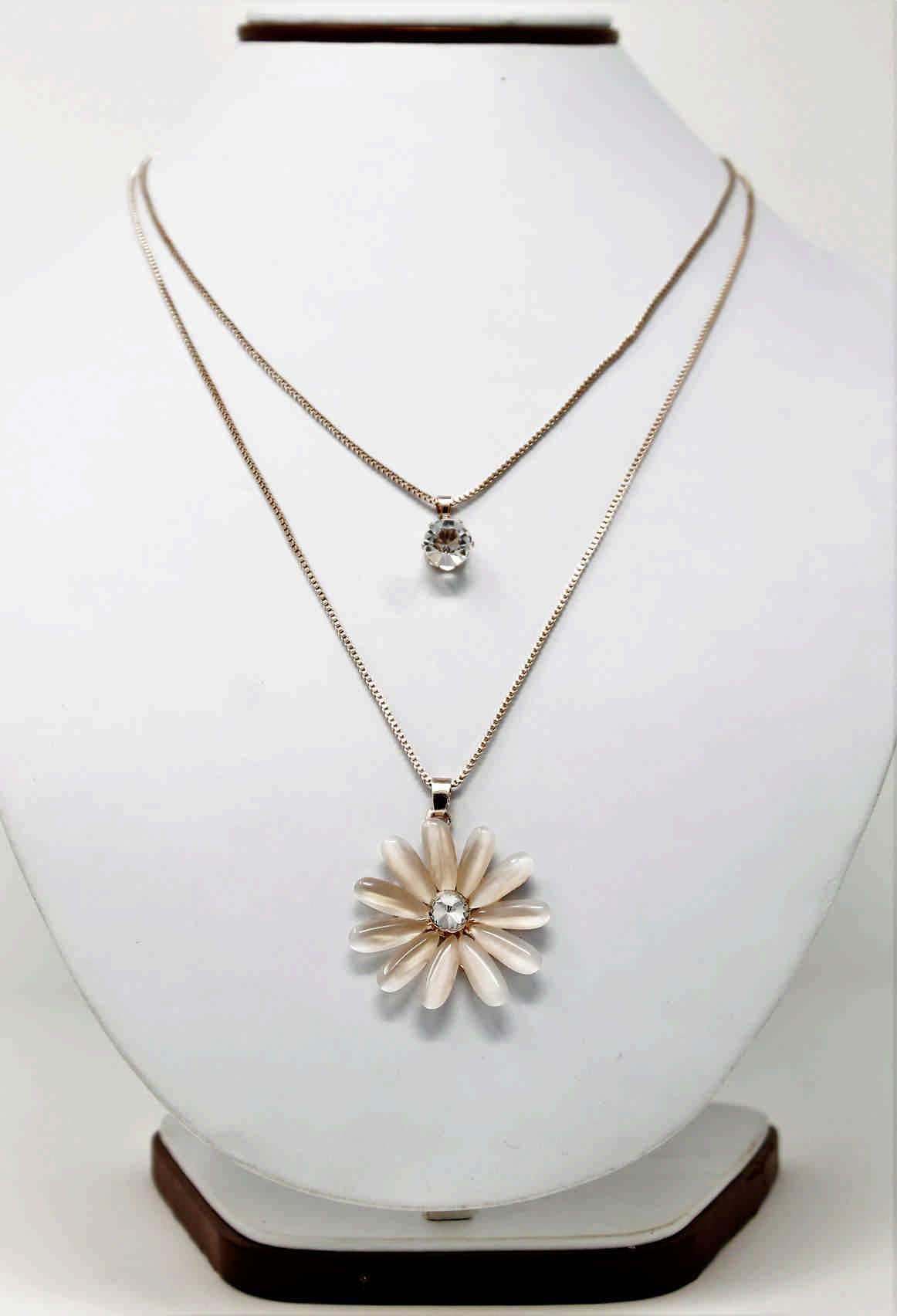 Rhinestones Studded Floral Design Imitation Fashion Metal Double Pendant with Long Chain for Girls