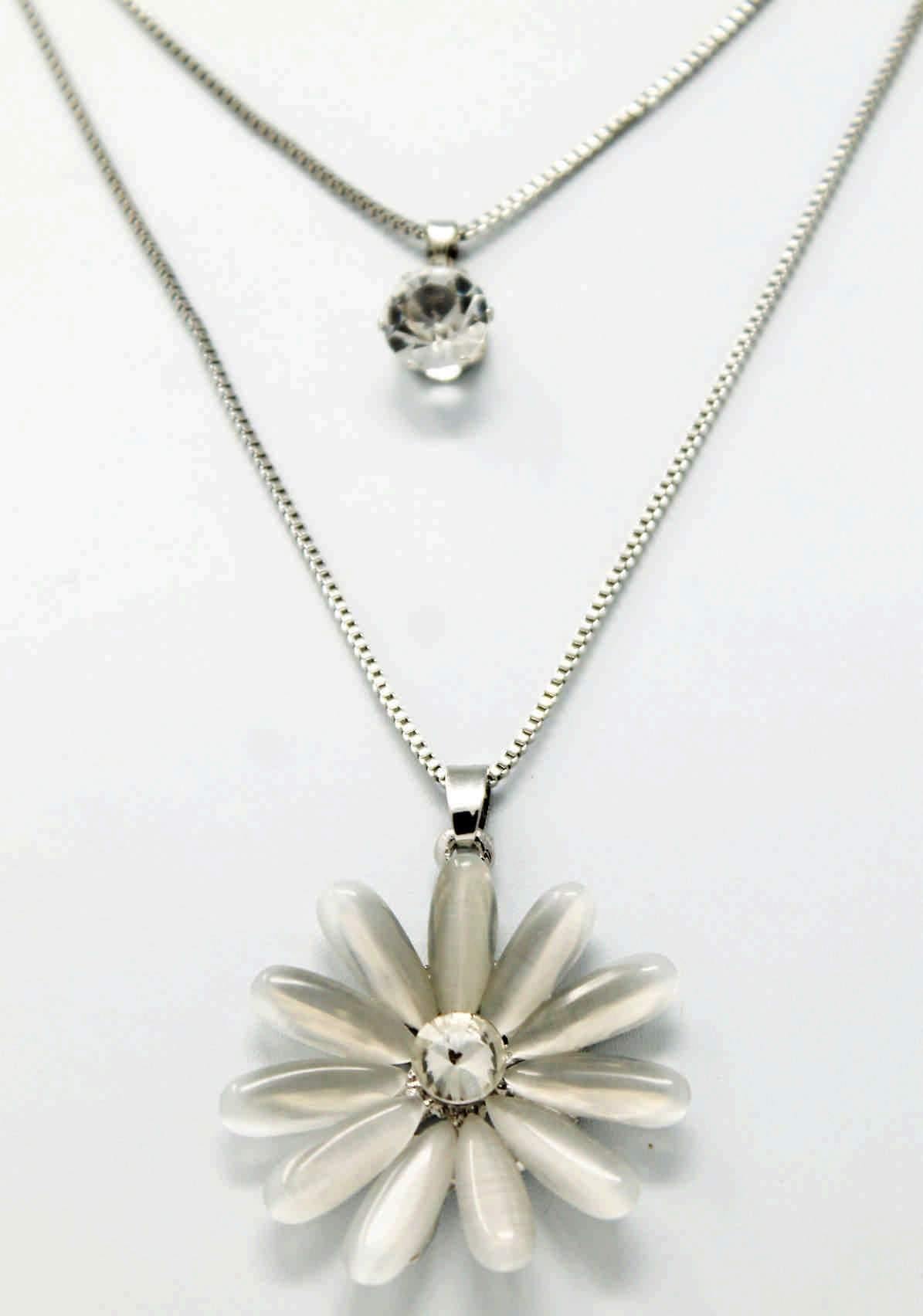 Rhinestones Studded Floral Design Imitation Fashion Metal Double Pendant with Long Chain for Girls