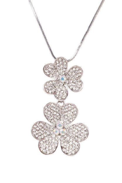 Indian Petals Rhinestones Studded Clover Leaf Design Imitation Fashion Metal Pendant with Long Chain for Girls