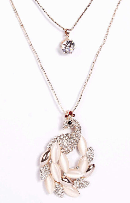 Rhinestones Studded Peacock Design Imitation Fashion Metal Double Pendant with Long Chain for Girls - Indian Petals