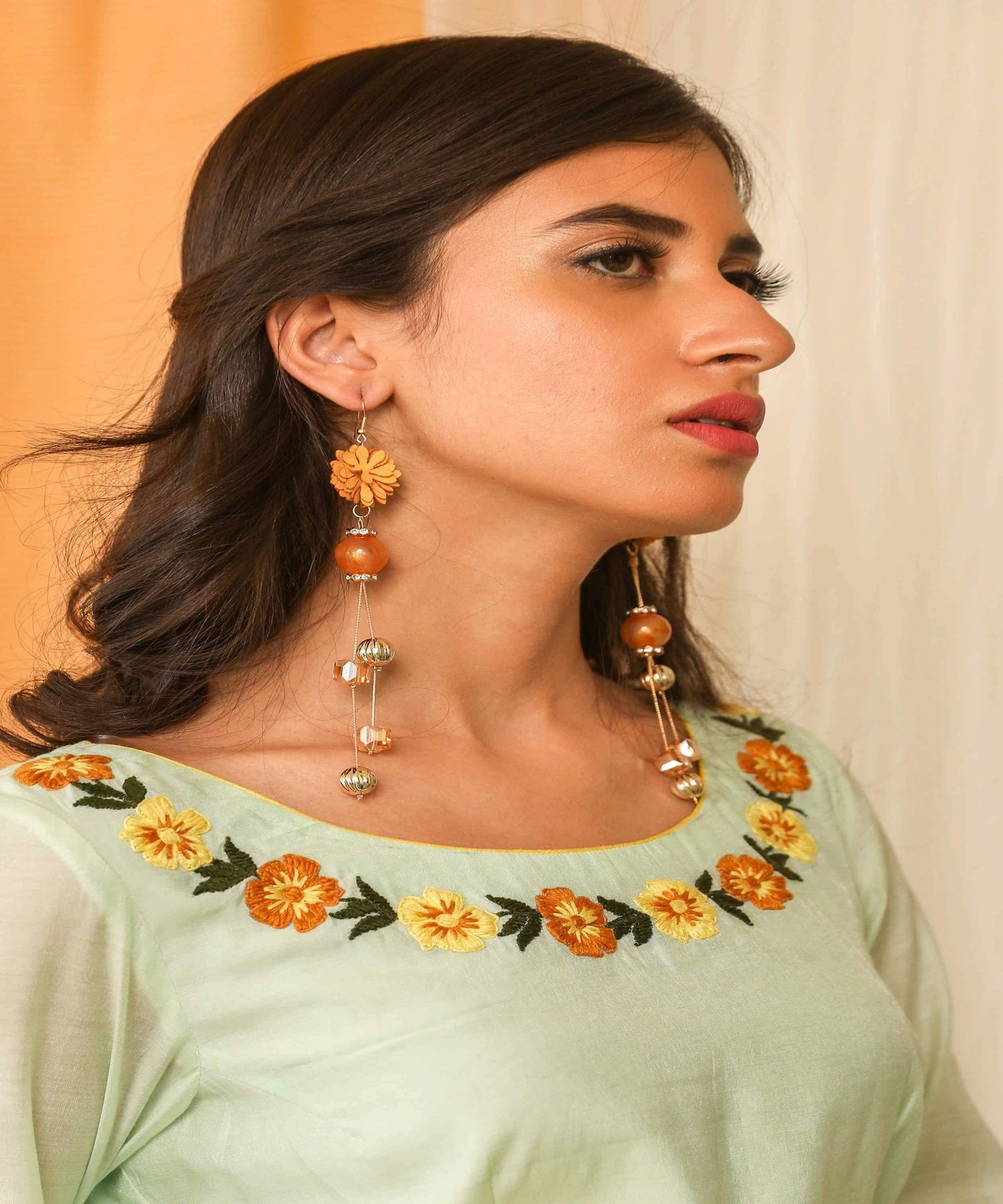 Indian Petals Floral Design with Big Stones Gold Artificial Fashion Dangler Jhumka Earrings for Girls Women - Indian Petals