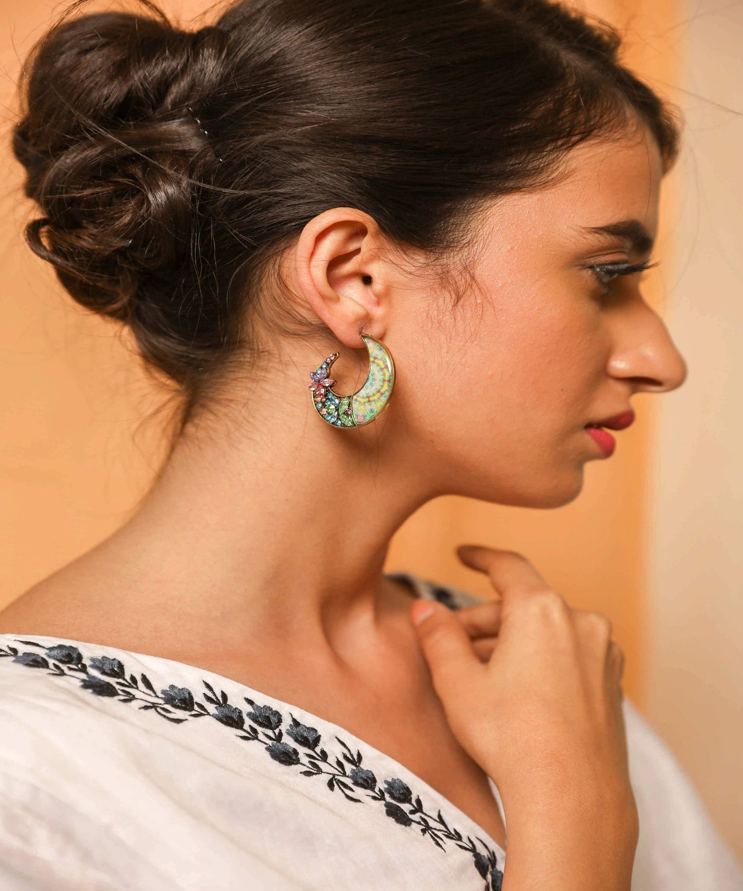 Indian Petals Rhinestone Studded Half Moon Design Modern Style Fancy Artificial Fashion Dangler Earring for Girls Women - Indian Petals