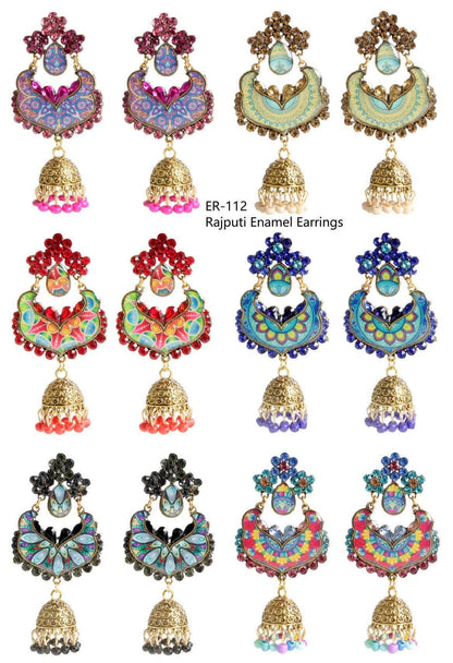 Indian Petals Enamel Work Rajputi Style Stone Studded Artificial Fashion Dangler Earrings Jhumka with Drops for Girls Women - Indian Petals