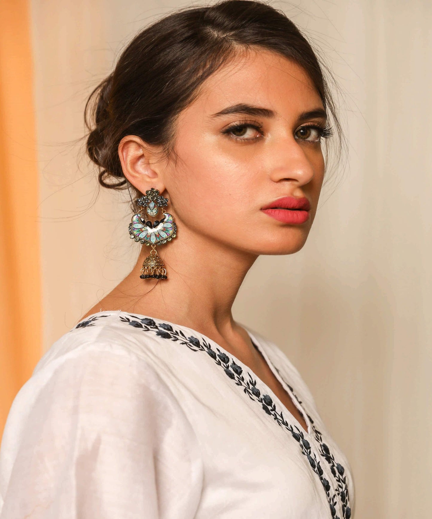 Indian Petals Enamel Work Rajputi Style Stone Studded Artificial Fashion Dangler Earrings Jhumka with Drops for Girls Women - Indian Petals