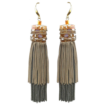Indian Petals Rhinestone Studded Stylish Tassel with Long Chains Design Artificial Fashion Dangler Earrings Jhumka for Girls Women, Burly Wood - Indian Petals