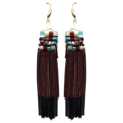 Indian Petals Rhinestone Studded Stylish Tassel with Long Chains Design Artificial Fashion Dangler Earrings Jhumka for Girls Women - Indian Petals