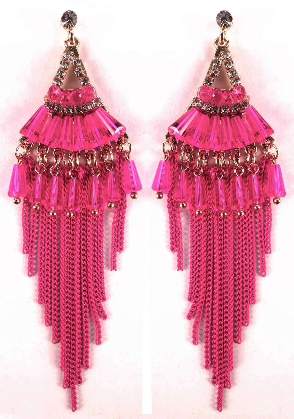 Indian Petals Chandelier Design Artificial Fashion Dangler Earrings Jhumka with Tassales for Girls Women, Pink