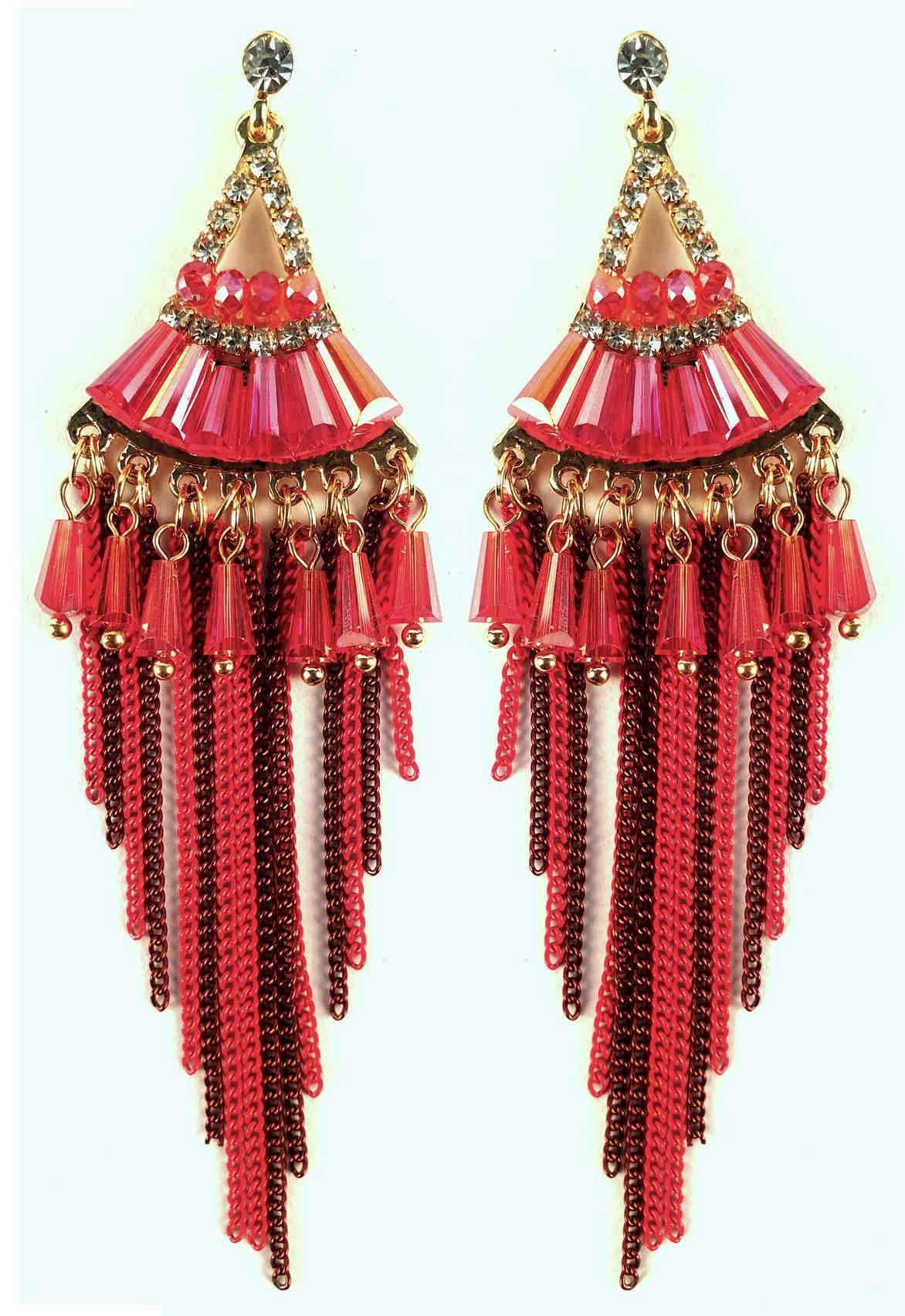 Indian Petals Chandelier Design Artificial Fashion Dangler Earrings Jhumka with Tassales for Girls Women, Red