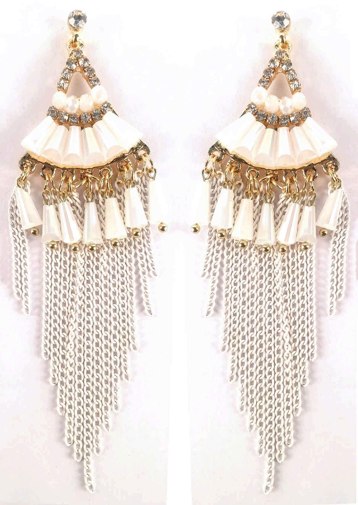 Indian Petals Chandelier Design Artificial Fashion Dangler Earrings Jhumka with Tassales for Girls Women, White