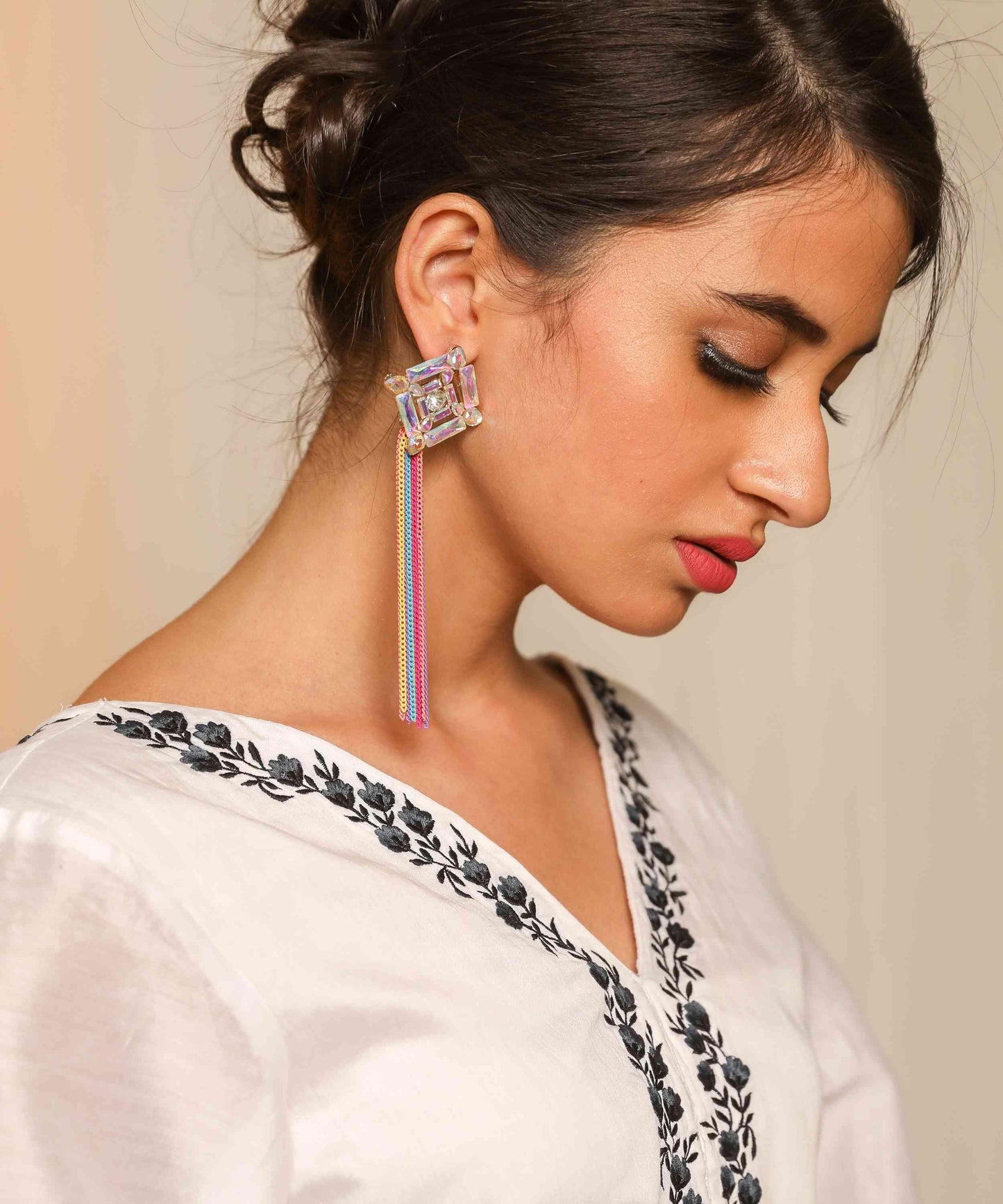 Indian Petals Crystal Chandelier Design Artificial Fashion Dangler Earrings Jhumka with Tassales for Girls Women
