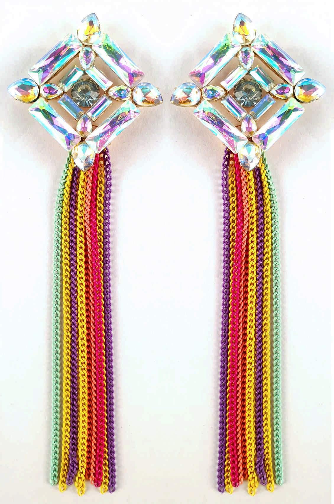 Indian Petals Crystal Chandelier Design Artificial Fashion Dangler Earrings Jhumka with Tassales for Girls Women, Multi
