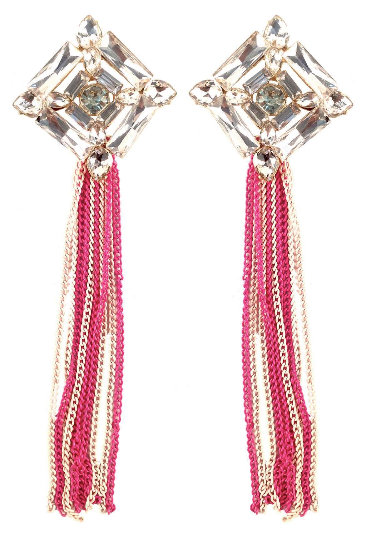 Indian Petals Crystal Chandelier Design Artificial Fashion Dangler Earrings Jhumka with Tassales for Girls Women, Pink