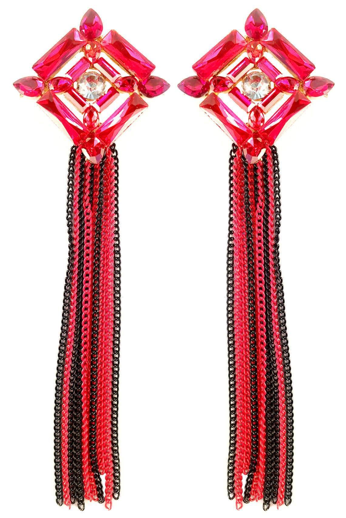 Indian Petals Crystal Chandelier Design Artificial Fashion Dangler Earrings Jhumka with Tassales for Girls Women, Red