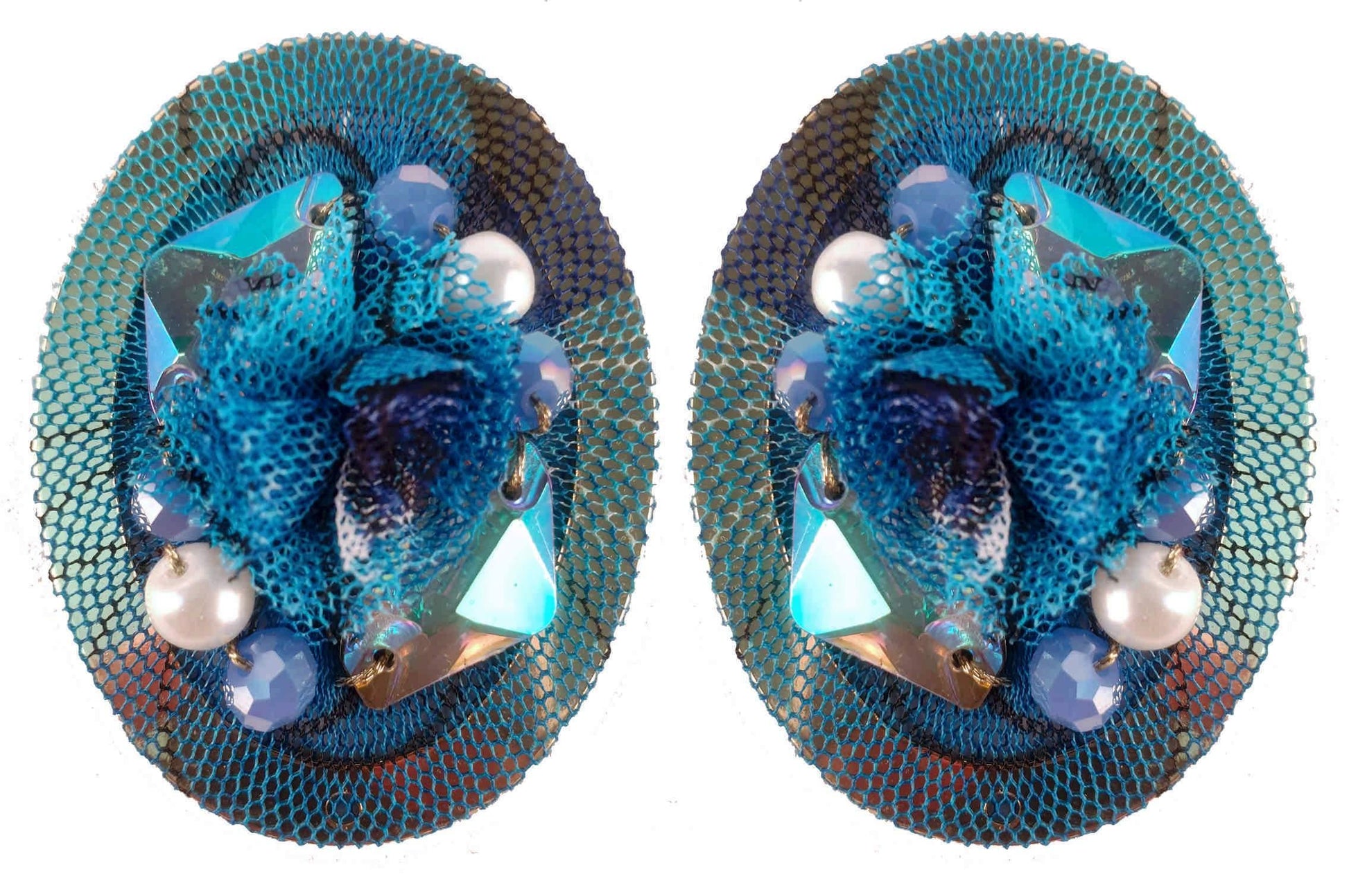 Rhinestones on Printed Net Design Artificial Fashion Dangler Earrings Jhumka for Girls Women, Oval, Blue
