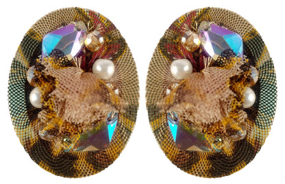 Rhinestones on Printed Net Design Artificial Fashion Dangler Earrings Jhumka for Girls Women, Oval, Brown