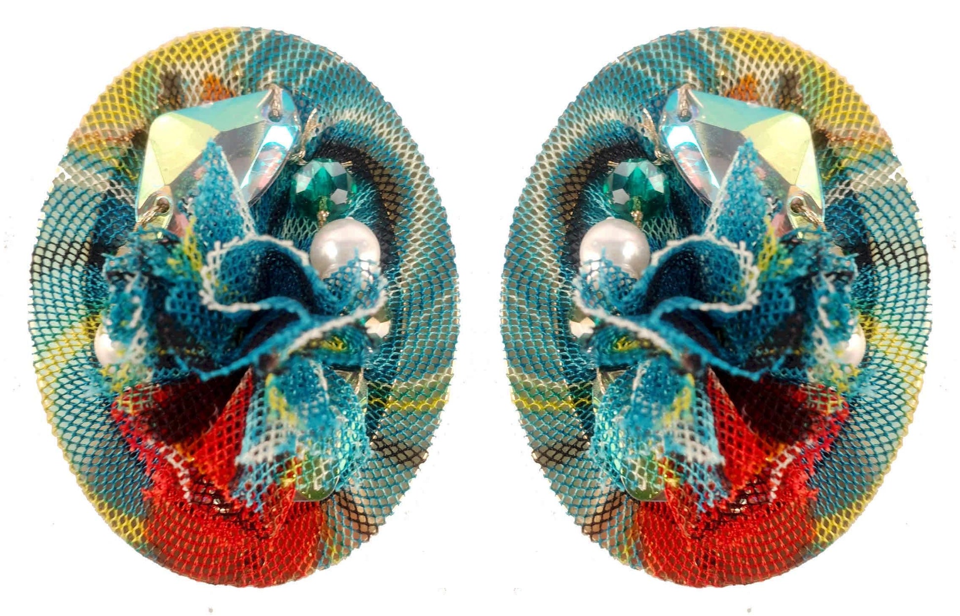 Rhinestones on Printed Net Design Artificial Fashion Dangler Earrings Jhumka for Girls Women, Oval, Turquoise